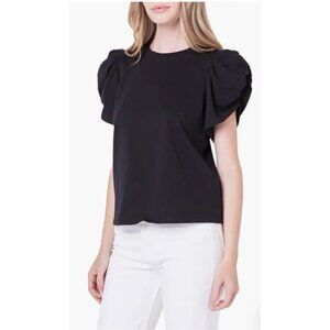 English Factory Black Stretch Top M Medium Cotton Ruffle Sleeve Trim Washable